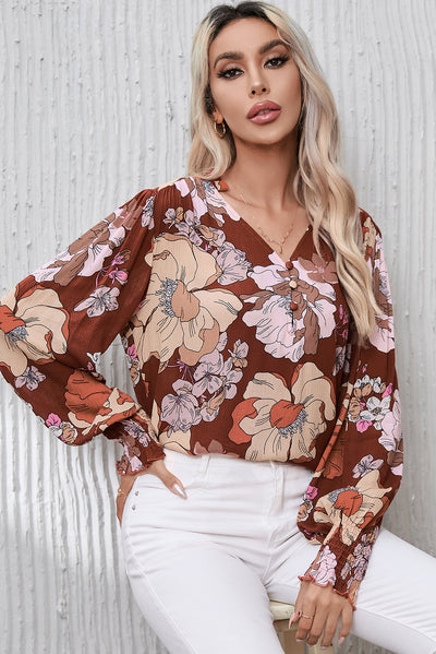 Brown Frilled V Neck Bubble Sleeve Floral Blouse-Tops-MomFashion