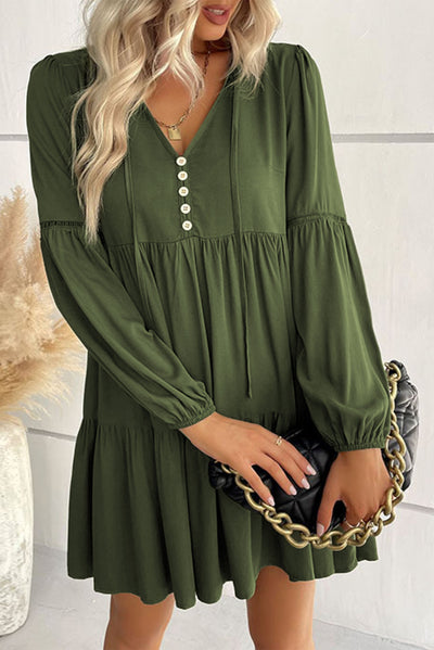 Green Lace Puff Sleeve Buttoned Tiered Ruffled Mini Dress-Dresses-MomFashion