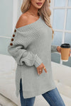 Gray Buttoned Drop Shoulder Oversized Sweater-Tops-MomFashion