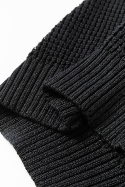 Black Pointelle Knit Button V Neck Drop Shoulder Sweater-Tops-MomFashion