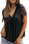 Black Eyelash Lace Sleeve V Neck Ruffle Babydoll Top-Tops-MomFashion