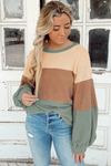 Green Stripe Textured Color Block Bubble Sleeve Baggy Top-Tops-MomFashion