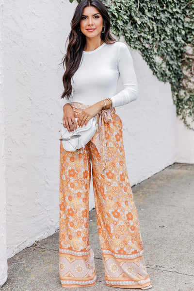 Grapefruit Orange Tie Waist Boho Floral Wide Leg Pants-Bottoms-MomFashion