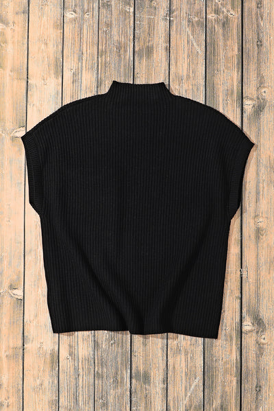 Black Patch Pocket Ribbed Knit Short Sleeve Sweater-Tops-MomFashion