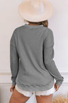 Gray Crew Neck Ribbed Trim Waffle Knit Top-Tops-MomFashion