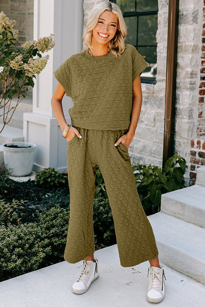 Sage Green Quilted Short Sleeve Wide Leg Pants Set-Loungewear-MomFashion