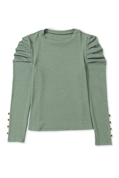 Green Buttoned Puff Long Sleeve Sheath Top-Tops-MomFashion