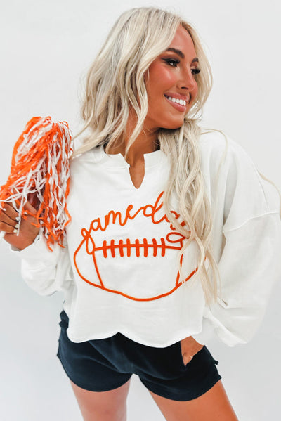 Bright White Game Day Lettering Rugby Notched Neck Sweatshirt-Tops-MomFashion