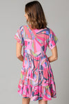 Pink Abstract Geometric Print Tassel Tie Flared Dress-Dresses-MomFashion