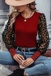 Red Dahlia Leopard Mesh Puff Sleeve Patchwork Slim Fit Top-Tops-MomFashion