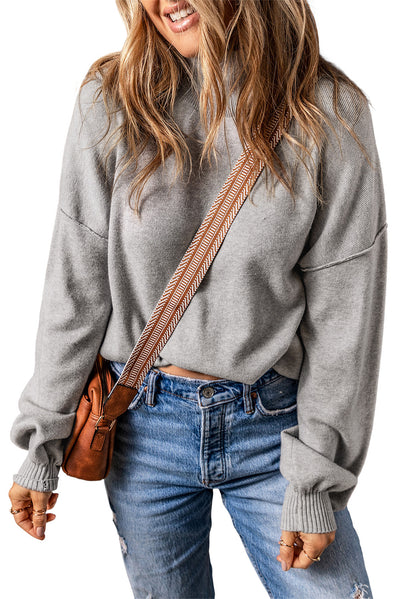 Gray Turtleneck Drop Shoulder Bubble Sleeve Knit Sweater-Tops-MomFashion