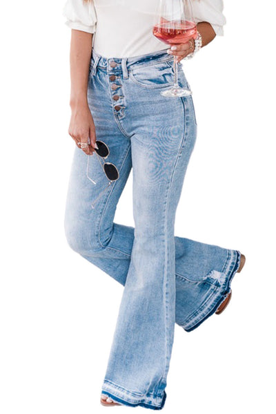 Sky Blue High Waist Buttoned Distressed Flared Jeans-Bottoms-MomFashion