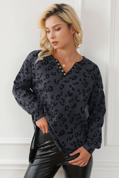 Gray Leopard Print Button Split Neck Waffle Sweatshirt-Tops-MomFashion