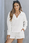 White Ribbed Zipper Sweatshirt and High Waist Shorts Set-Loungewear-MomFashion