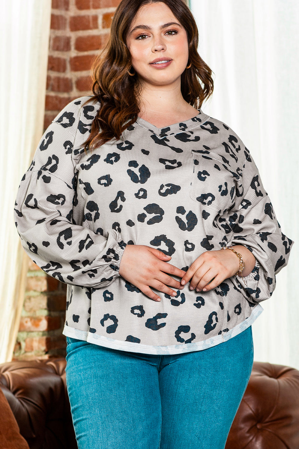 Gray Printed Leopard Balloon Sleeve Thermal Knit Plus Size Top-Plus Size-MomFashion
