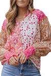 Pink Mixed Floral Printed Puff Sleeve V-Neck Shirt-Tops-MomFashion