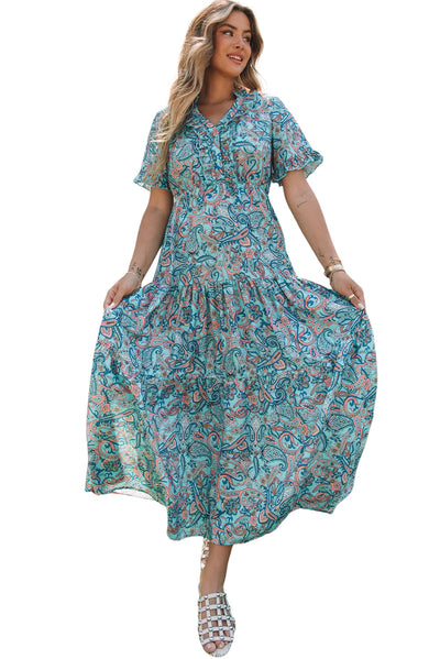 Sky Blue Paisley Print Boho Holiday Ruffle Tiered Maxi Dress-Dresses-MomFashion