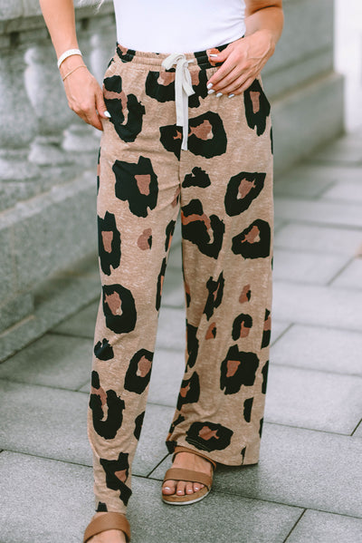 Leopard Drawstring Wide Leg Casual Pants-Bottoms-MomFashion