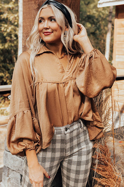 Brown Puff Sleeve Collared Pleated Babydoll Blouse-Tops-MomFashion