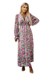 Green Floral Print Deep V Neck Ruched Cinched Waist Maxi Dress-Dresses-MomFashion