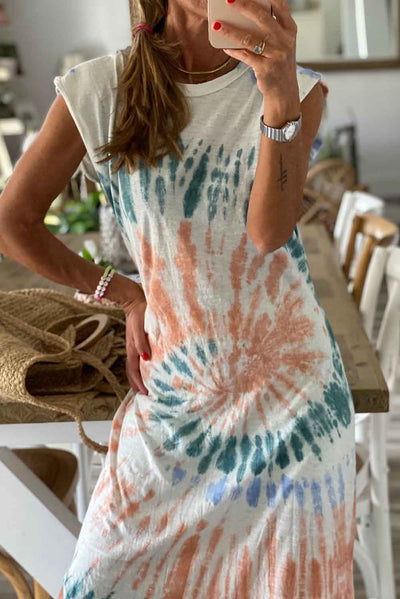 White Cap Sleeve Tie Dye Long Slit Dress-Dresses-MomFashion