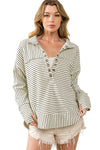 White Striped Thumbhole Drop Shoulder V Neck Top-Tops-MomFashion