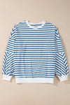 Blue Stripe Drop Shoulder Crew Neck Loose Sweatshirt-Tops/Sweatshirts & Hoodies-MomFashion