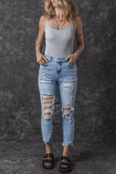 Sky Blue Acid Wash Distressed Slim Fit Jeans-Bottoms-MomFashion