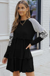 Black Striped Leopard Patchwork Long Sleeve Mini Dress-Dresses-MomFashion