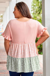 Pink Ruffled Short Sleeve Leopard Splicing Flowy Plus Size Top-Plus Size-MomFashion