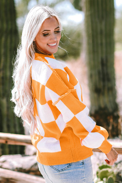 Orange Checkered Bishop Sleeve Sweater-Tops-MomFashion