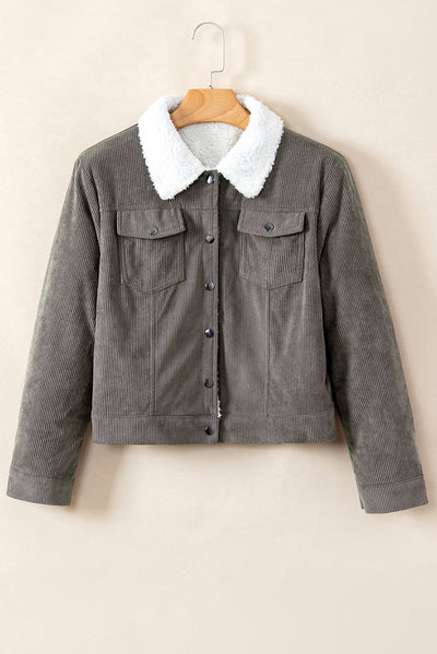 Gray Corduroy Sherpa Snap Button Flap Jacket-Outerwear-MomFashion