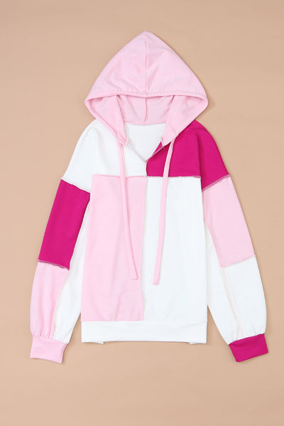 Pink Colorblock Exposed Seam Loose Sleeve Hoodie-Tops-MomFashion