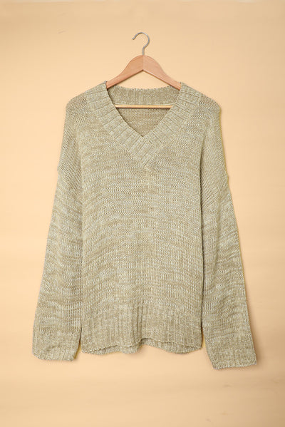 Gray V neck Drop Shoulder Knitted Sweater-Tops-MomFashion