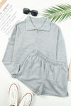 Gray Ribbed Zipper Sweatshirt and High Waist Shorts Set-Loungewear-MomFashion