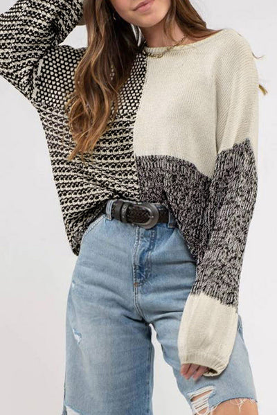 Black Neutral Colorblock Tie Back Sweater-Tops-MomFashion