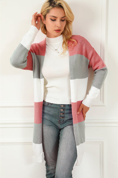 Green Colorblock Stripe Open-Front Cardigan-Tops-MomFashion