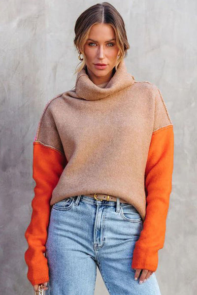 Khaki Color Block Turtle Neck Drop Shoulder Knit Sweater-Tops-MomFashion