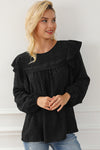 Black Lace Eyelet Ruffle Shoulder Long Sleeve Blouse-Tops-MomFashion