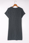 Gray Striped Ribbed Knit T-shirt Shift Dress-Dresses-MomFashion