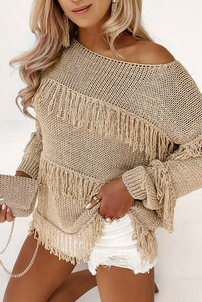 Khaki Boho Tasseled Knitted Sweater-Tops-MomFashion