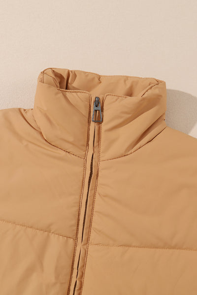 Brown Zip Up Pocketed Puffer Coat-Outerwear-MomFashion