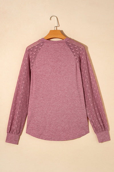 Rose Pink Contrast Lace Raglan Sleeve Plicate Round Neck Top-Tops-MomFashion