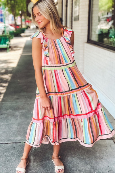 Pink Rainbow Stripe Ruffles Ruched Tiered Dress-Dresses-MomFashion