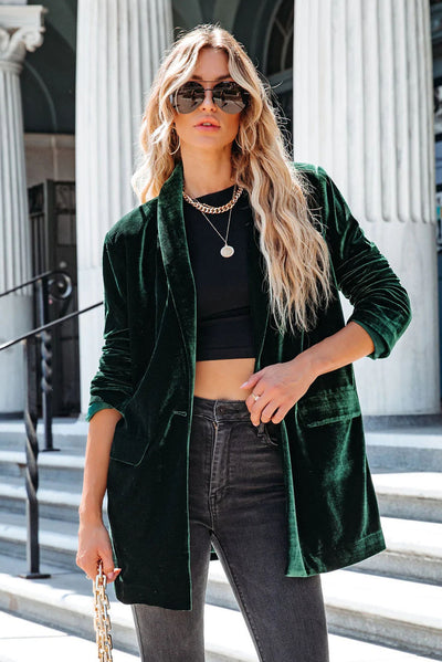 Green Casual Pocketed Velvet Blazer-Outerwear-MomFashion