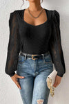 Black Frenchy Contrast Lace Bishop Sleeve Bodysuit-Tops-MomFashion