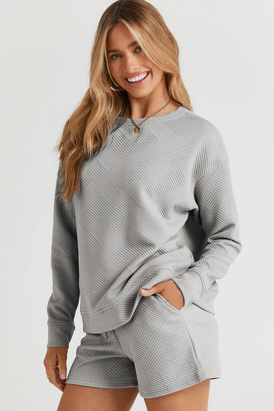 Gray Textured Long Sleeve Top and Drawstring Shorts Set-Loungewear-MomFashion