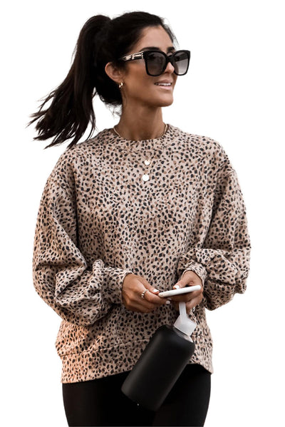 Leopard Boyfriend Crew Neck Leopard Sweatshirt-Tops-MomFashion