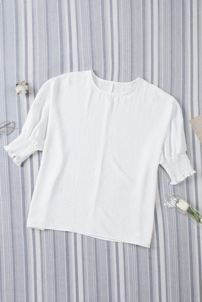 White Smocked Wrist Shift Top-Tops-MomFashion