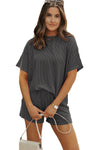 Carbon Grey Ribbed Textured Knit Loose Fit Tee and Shorts Set-Two Piece Sets/Short Sets-MomFashion